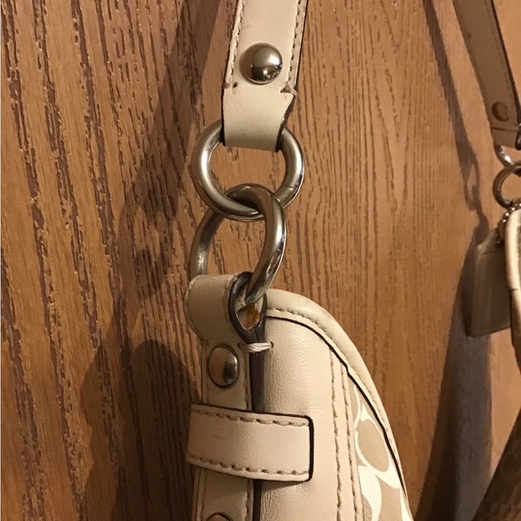 COACH CHELSEA SIGNATURE BEIGE PINK STRIPE LEATHER TRIM CROSSBODY SHOULDER BAG - Picture 5 of 12